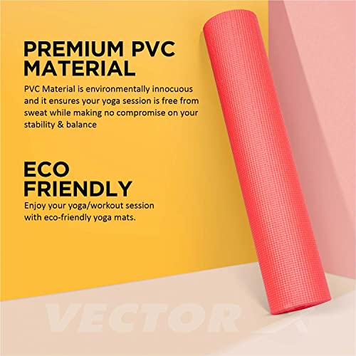 Image of Vector X Anti Skid PVC Exercise Yoga Mat for Men & Women, Extra Thick Mat for Workout Yoga Fitness and Pilates, Anti Tear Anti Slip For Home & Gym Use, Sizes - 4mm /6mm, (4MM, RED)