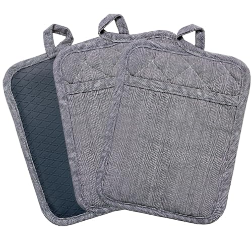 Pot Holders Yarn-Dyed Set of 3 Non Slip Silicone Kitchen Lines Heat Resistant 500℉ Kitchen Gloves BBQ Cooking Baking Women Men Cooking Barbecue Microwave Machine Washable (Gray Potholders)