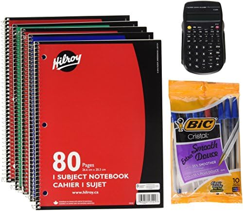 High School College Supplies Bundle Set - (5-Pack) Hilroy Spiral Notebooks, (10-Pack) BIC Pens, Scientific Calculator