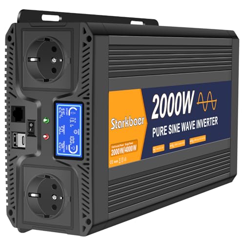 Starkbaer 2000W/4000W Wechselrichter 12v auf 230v Reiner Sinus Spannungswandler Power Inverter KFZ Konverter mit LCD-Bildschirm, Fernbedienung,2 EU AC Steckdosen,1 Type-C und 1 USB Anschlüsse