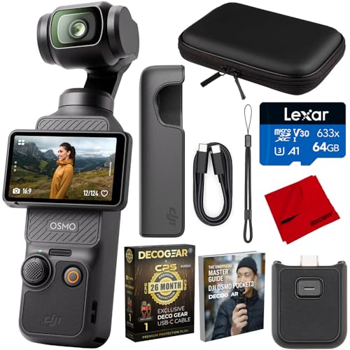 DJI CP.OS.00000301.01 Osmo Pocket 3 4K 120fps ハンドヘルド3軸ジンバルスタビライザーバンドル CPS 26ヶ月保護パック、64GBカード、10インチケース、HDMIケーブル、クリーニングクロスとデコギアマスター