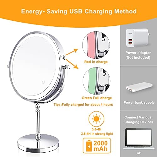 UUCOLOR Makeup Mirror with Lights USB Rechargeable 8 Inch 3 Color Lights Two Sided 1X/10X Magnification LED Vanity Mirror Touch Control Intelligent Shutdown 360°Rotation Light up Mirror Chrome Finish