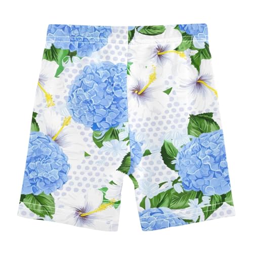 Girls Bike Shorts Blue White Floral Cotton Spandex Cartwheel Shorts for Summer Outfit Toddler, 4T2