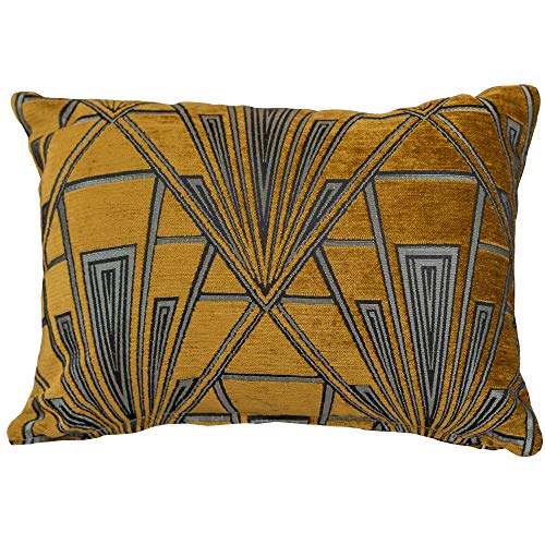 Image of Linen Loft Art Deco Boudoir Cushion Cover. Geometric Gold and Silver. Luxury Velvet Chenille. 17x12 (43x30cm) Double Sided. Pillow Case. 20s and 30s Style.