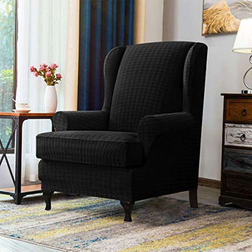 Chun Yi 2 Piece Stretch Houndstooth Wing Chair Cover, Soft Wingback Armchair Couch Slipcovers Spandex Fabric With Elastic Bottom For Living Room Bedroom Removable Furniture For Kids(Black) #TOP1