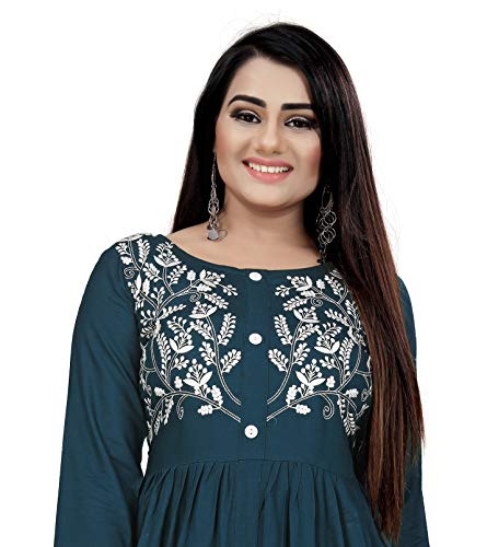 Image of Women's Rayon Flared Embroidery Kurti Under 599 Designer Attractive Look Women's Kurta