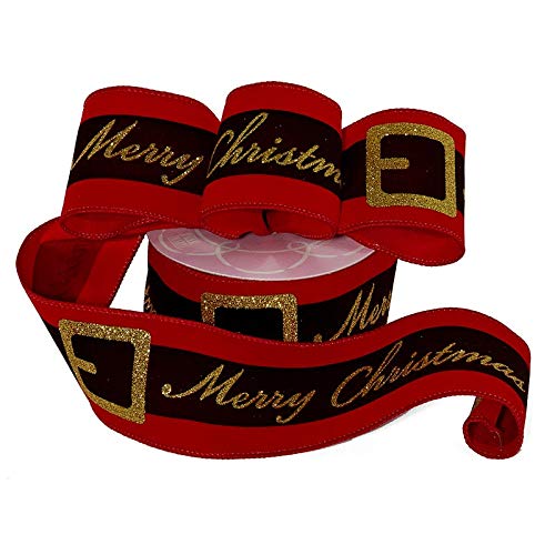 Image of Santa's Belt Merry Christmas Ribbon - 2 1 /2 inch x 10 Yards, Vibrant Red, Gold Glitter Buckle and Merry Christmas, Gift Wrapping, Wreath Decoration, Garland, Tree Topper Bow