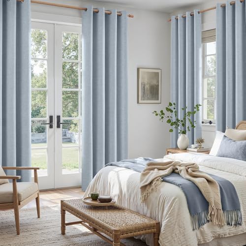 Image of HOMEIDEAS 100% Blackout Light Blue Faux Linen Curtains 52W x 84L 2 Panels | Natural Textured Drapes, Thermal Insulated, Window Darkening Curtains for Bedroom, Nursery, Living Room