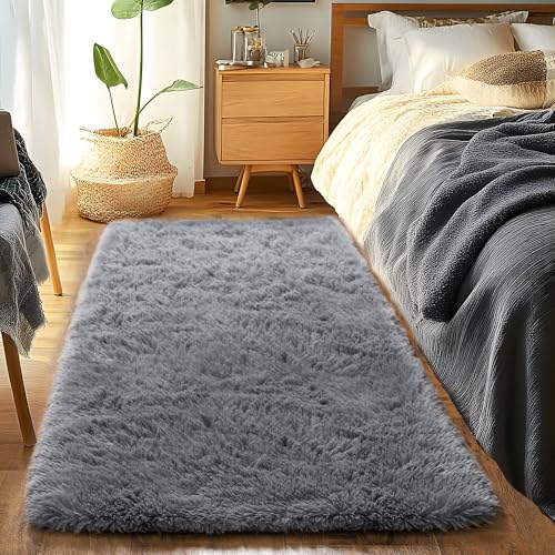 Runner Rugs for Bedroom 2x6 Rug Runners for Hallways Non Slip Soft Shag Bedside Rug, Fluffy Area Rug Throw Rugs for Living Room, Floor Carpet Runner for Nursery Kids Dorm, Grey