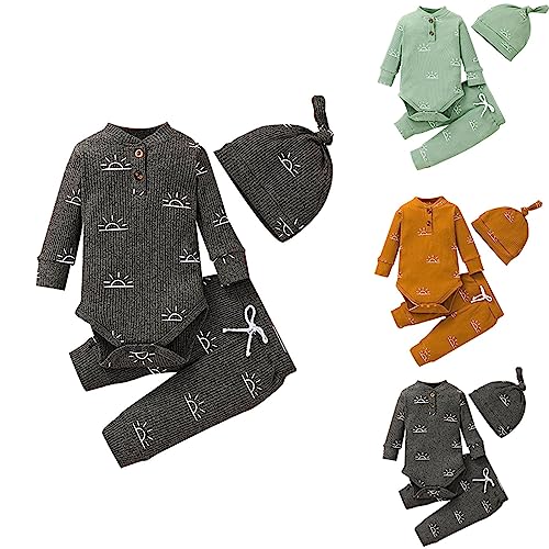 Conjunto de roupa de algodão para bebês meninos e meninas com nervuras manga longa estampa de sol de