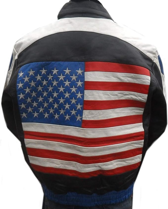 Men's USA Flag Logo Design Biker Bomber Motorcycle Black Real Leather Jacket