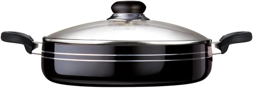 Black Friday Offer!! Nirali 11 inch Thick aluminium, Teflon Platinum non-stick fry pan with toughened glass lid, black exterior suitable for"Cook & Serve"