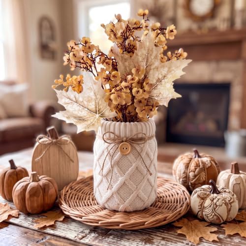 Newtay Fall Table Centerpiece 2 Pieces Mason Jar Vase with White Sweater Cove 17 oz Glass Flower Vase Rustic Autumn Farmhouse Table Decoration with Knit Bow and Button Cozy Home Decoration