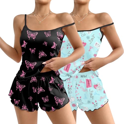 Image of Ekouaer 2 Pack Womens Cami Pajama Sets Cute Print Tank Top Pjs and Shorts Camisole Lounge Set