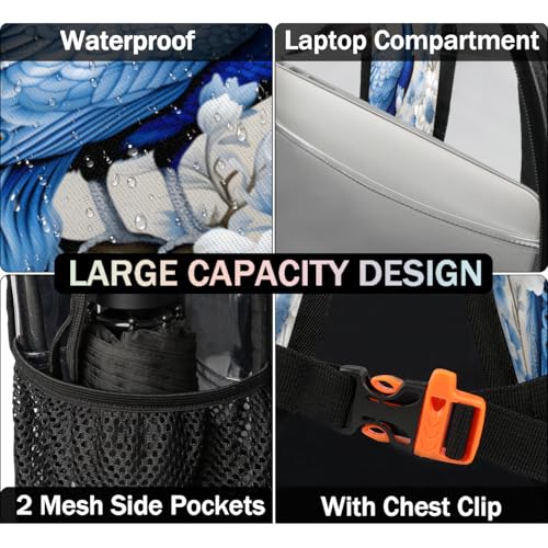 Colorful Painted Feather Clear Backpack for Stadium Events, Watercolor Peacock Waterproof Clear Bag for Women Men Adult Sport Work Daily Music Festival and Concerts3