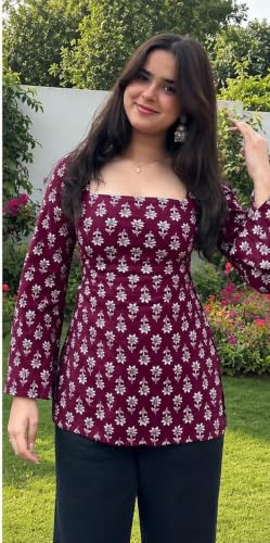 Image of Women's Rayon Printed Short Kurti | Straight Fit Casual Ethnic Top | Square Neck Full Sleeve Ladies Kurti Office College