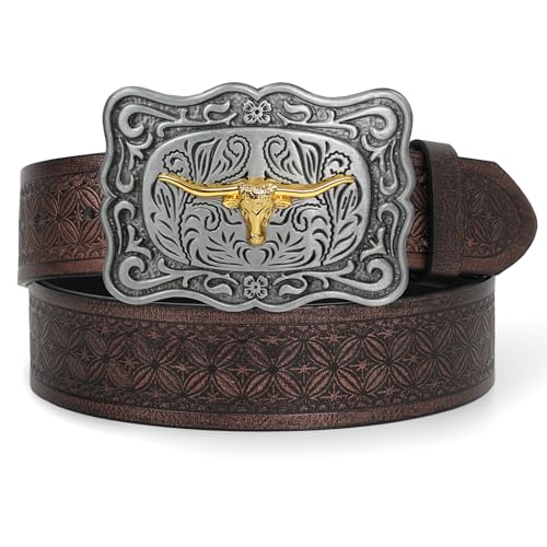Men Western Cowboy Cowgirl Belt Western Buckle Floral Engraved Leather Belt