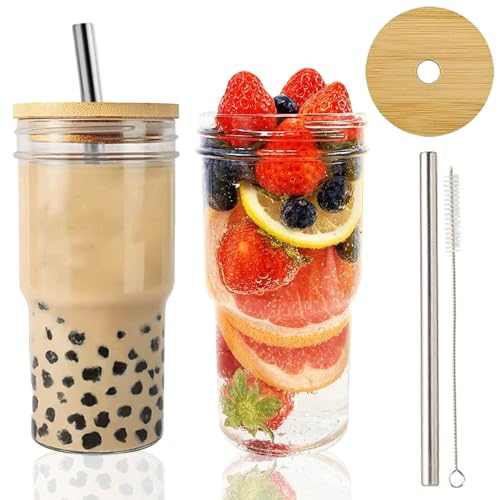 TAIHE 2 Stück Bubble Tea Becher, 700ml Glasbecher Trinkbecher mit deckel und strohhalm, Wiederverwendbarer Eiskaffee Becher,Longdrinkgläser Boba-Becher Reiseflasche,Trinkgläser,Weithals-Einmachglas