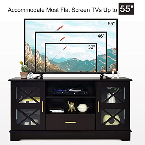 Tangkula Wood Tv Stand With 2 Glass Door Cabinets, Media Console With Drawer & 2-Tier Adjustable Shelves, Living Room Entertainment Center For Tvs Up To 55 Inch, Tv Console Table, Dark Brown #TOP5