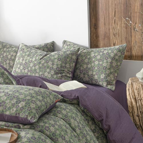 Image of VM VOUGEMARKET Green & Purple Floral Jacquard Duvet Cover Set Queen,Breathable Double Layer Gauze Farmhouse Style Bedding Set for Home