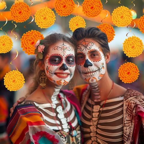 Image of 36 Pcs Marigold Flower Diwali Decorations Day of The Dead Dia De Los Muertos Marigold Flower Decorations Hanging Streams Swirls for Home Pooja Indian Varalakshmi Altar Ofrenda Decor
