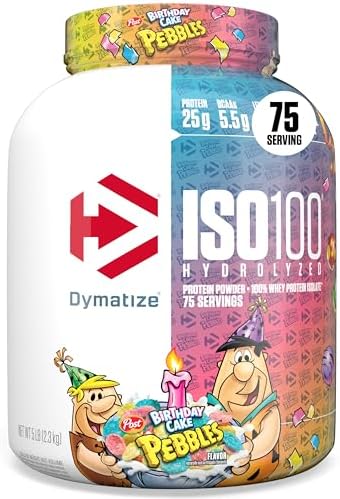 Dymatize Nutrition ISO100 Hydrolyzed Whey Protein Isolate | Fast-Digesting | Muscle Recovery Formula with Amino Acids | Low Sugar & Fat | Birthday Cake | 5 Lbs