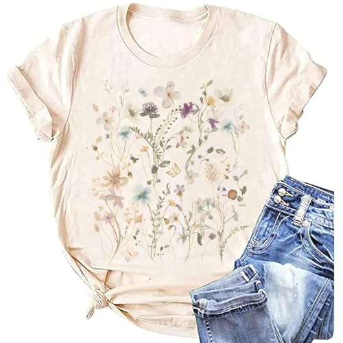 Women Wildflower Shirts Boho Floral Print T-Shirt Flower Graphic Vintage Botanical Plant Tee Garden Lover Top-Beige L