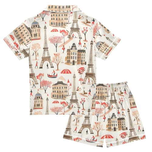ALAZA Paris Eiffel Tower Castle Tree Satin Pajamas Set Short Sleeve Button Down Sleepwear Summer Pjs 2 Piece2