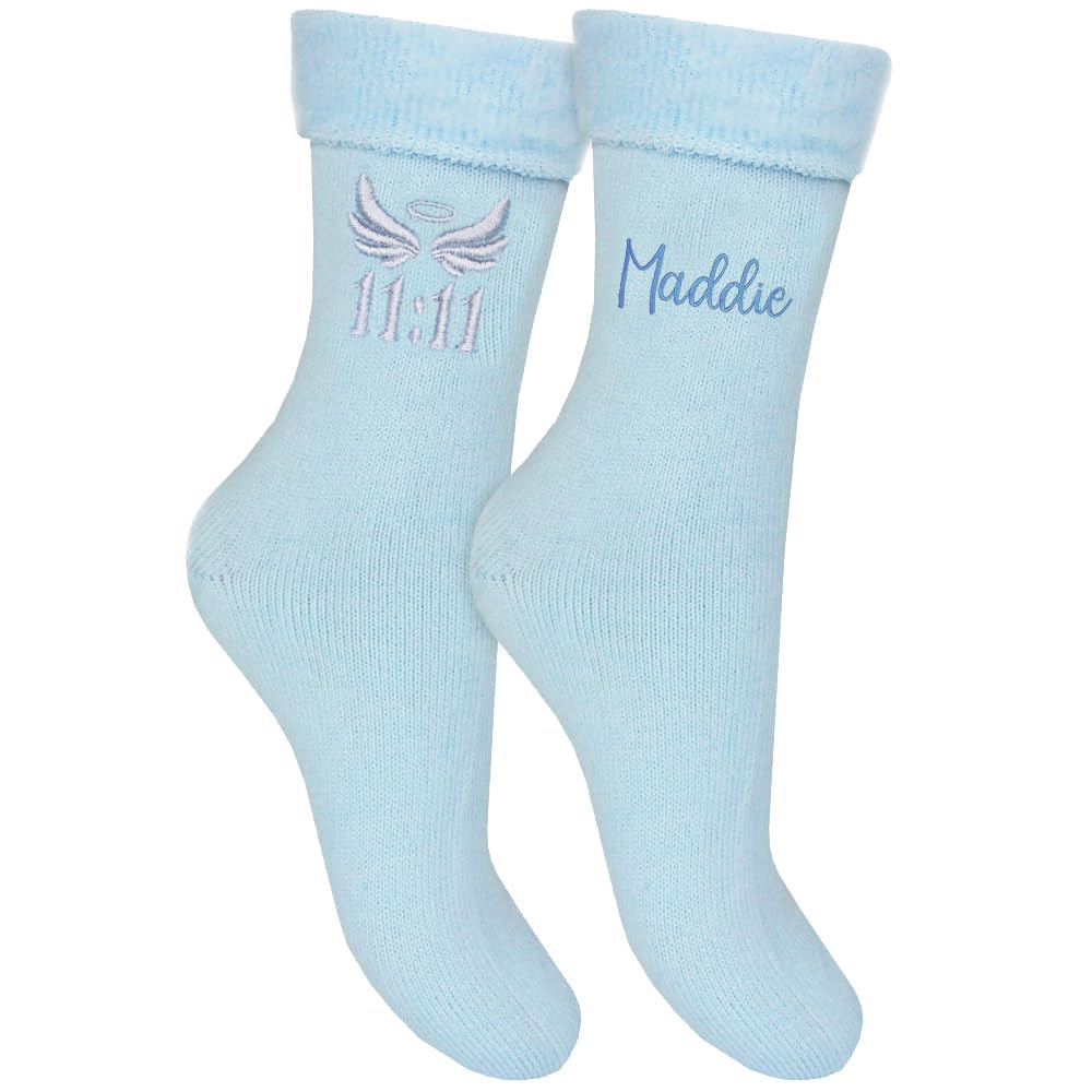 TeddyT's Personalised Angel Number 1111 Embroidered Pastel Blue Bed Socks Gift Set