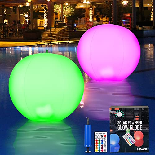Vzzeport Boules Lumineuses Piscines, 2 Pièces Lampe Solaire Flottante Étanche avec Télécommande et 16 Couleurs Fonction Minuterie, Éclairage LED pour Piscine Jardin Extérieur, 38 cm, Blanc