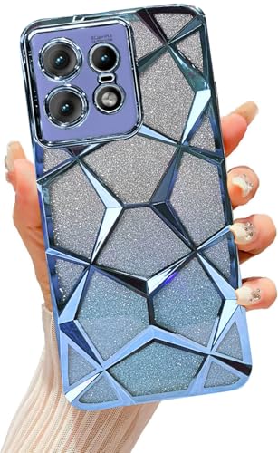 Image of VONZEE Gradient Glitter Case for Moto Edge 50 Pro, Luxury Electroplated 3D Cube, Diamond Bling Shiny Soft TPU Clear Shockproof Women Girls Protective Phone Cover (Sierra Blue)