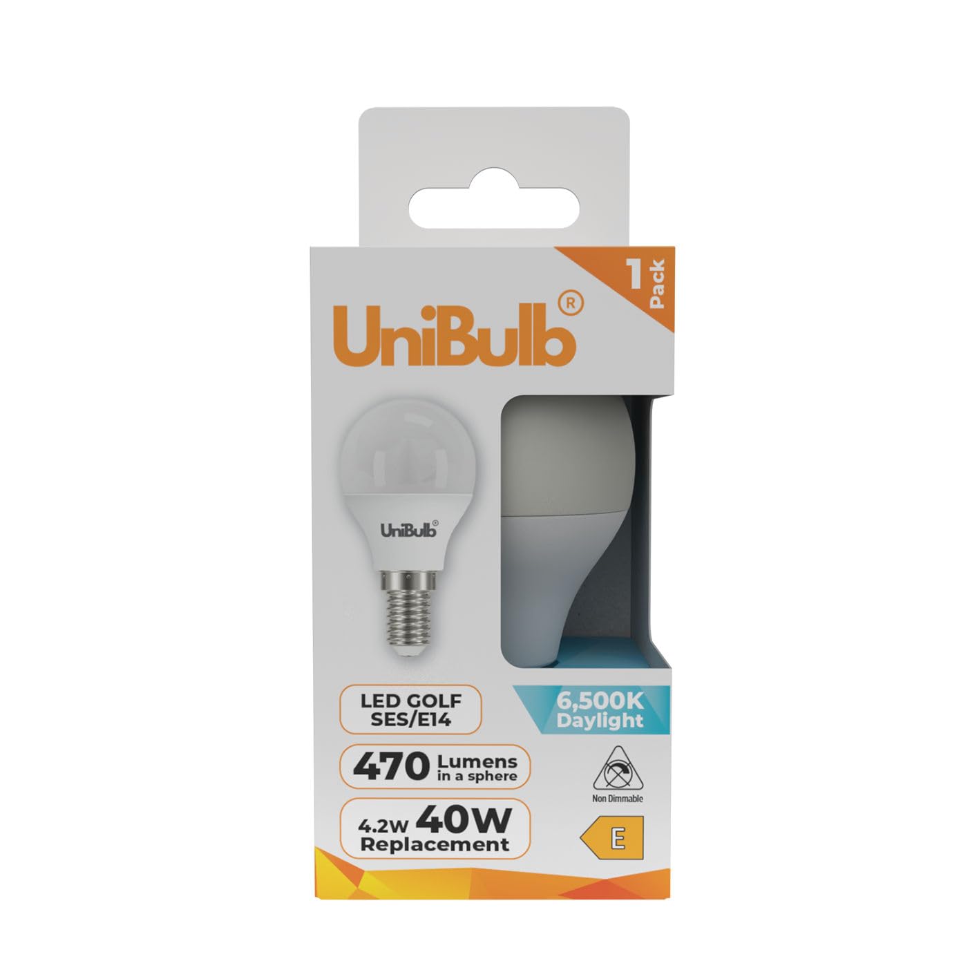 Unibulb E14 LED Golf Ball Light Bulb, Small Edison Screw (SES), 4.2W, 470lm, Replaces 40W, Daylight 6500K, 220-240V, P45, Non-Dimmable, 25yr Lifespan (1)