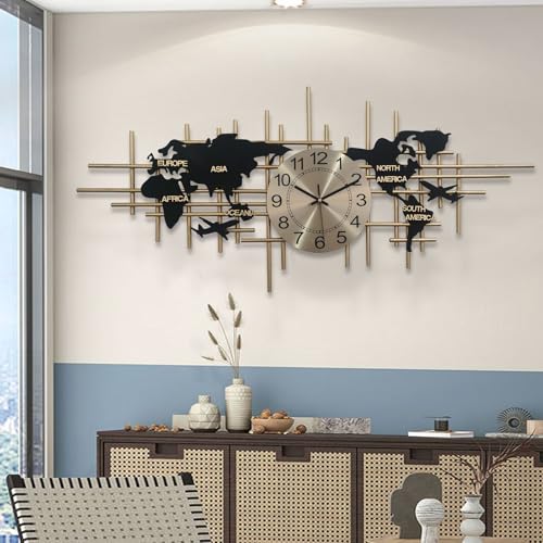 Reloj de Pared Grande con Mapa del Mundo, Reloj de Pared Silencioso de Metal, Relojes para Sala de Estar para Sala de Estar Dormitorio Cocina Black 96x43cm
