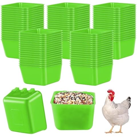 Maxdot 50 Pcs Cage Cups Chicken Feeder Cups 16 oz Hanging Bird Food Water Cups Bunny Cage Feeding Bowl Dish for Pet Parrot Rooster Parakeet Gamefowl Poultry Pigeon Wire Cage(Green) Cover