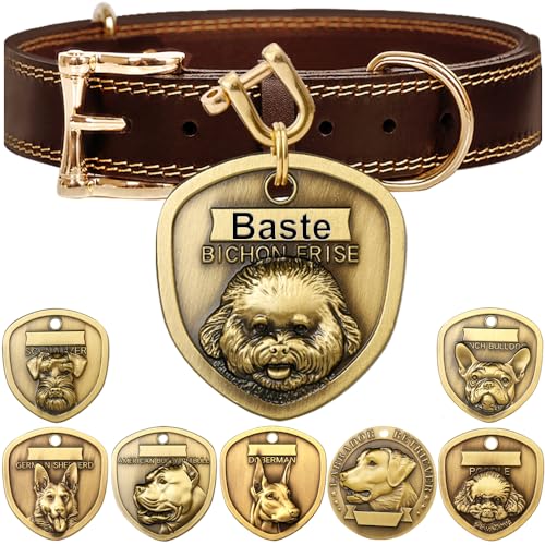 ZQDJ Leather Dog Collar & Bichon Frise Tag Set (XS-S)