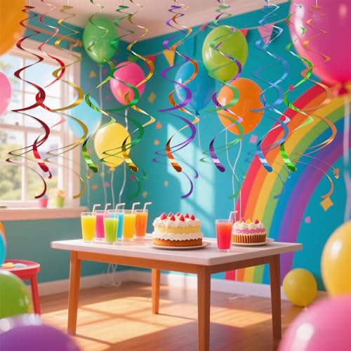 Image of Colorful Ceiling Swirl Foil Decorations Hanging Plastic Streamer Themed Swirl Party Decoration for Wedding Thanksgiving Day Graduation Celebration, Pack of 28 (Rainbow)