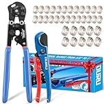 OURU 2 IN 1 Ratchet Pex Crimping Tool Cinch and Remove Combo Function Pex Pipe Crimp Tool from 3/8" to 1" Pex Crimper with Pex Cutter and Stainless Steel Pex Clamps 1/2" 25PCS,3/4" 10PCS
