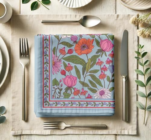 Vargottam Designer Cotton Twill Napkins - Set of 12, 20-Inch, Floral Print, Durable & Absorbent Cloth Napkins for Parties, Dining and Home Decor - Machine Washable