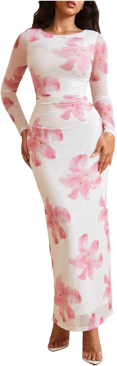 Milumia Women's Floral Print Sheer Dress Crew Neck Long Sleeve Bodycon Maxi Dresses