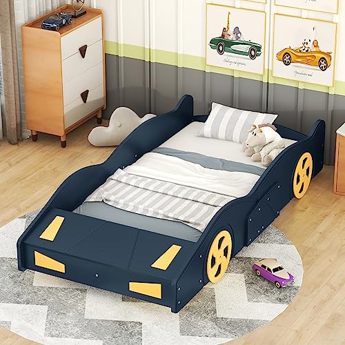 Harper & Bright Designs Twin Size Car-Shaped Platform Bed with Storage and Wheels, Dark Blue+Yellow