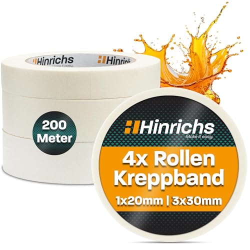 Hinrichs Kreppband 4x - Abklebeband 3 Rollen 50m x 30mm + 1 Rolle 50m x 20mm - Maler Klebeband zum Streichen und...