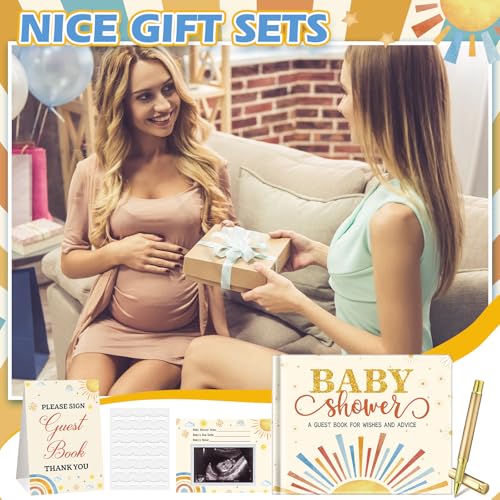 Image of Fuyoooo 27 Pcs Boho Sun Baby Shower Guest Book Baby Shower Sign in Guest Book Reception with Sonogram Page Keepsake Includes Gold Pen Table Card and Adhesive Photo Corner for Birthday