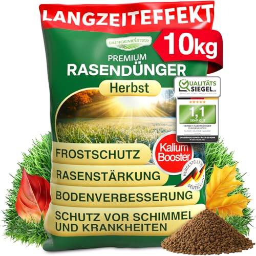 DÜNGEMEISTER Herbst Rasendünger – mit Langzeitwirkung und KaliumschutzPlus Formel für extrem winterfesten, sattgrünen Rasen! Perfekte Widerstandsfähigkeit gegen Frost & Krankheiten (10kg)