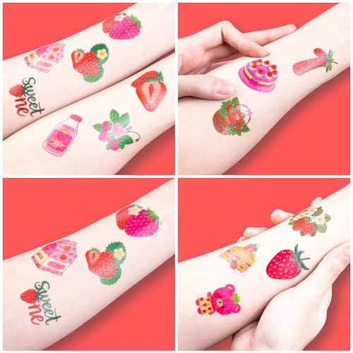 Image of 96PCS Strawberry Berry Pre-Cut Temporary Tattoos for Kids | | Super Cute 1st Themed Birthday Party Favors, Supplies, Decorations, Fake Tattoo Stickers Rewards & Gifts For Boys & Girls