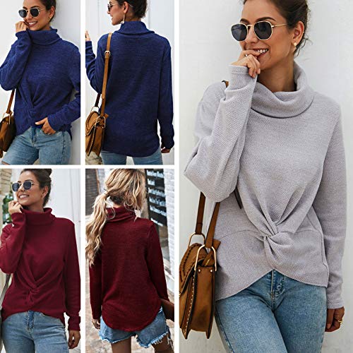 Romacci Suéter feminino de tricô com gola rolê e manga comprida, Vermelho, XL