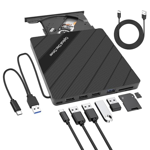 XMSJSIY External CD/DVD Drive for Laptop USB 3.0 Type-C Portable CD/DVD ROM +/-RW Drive Burner Writer Player Reader Disk Duplicator with USB 3.0/Type-C/SD/TF Card Ports 8 in 1 for Desktop PC Mac