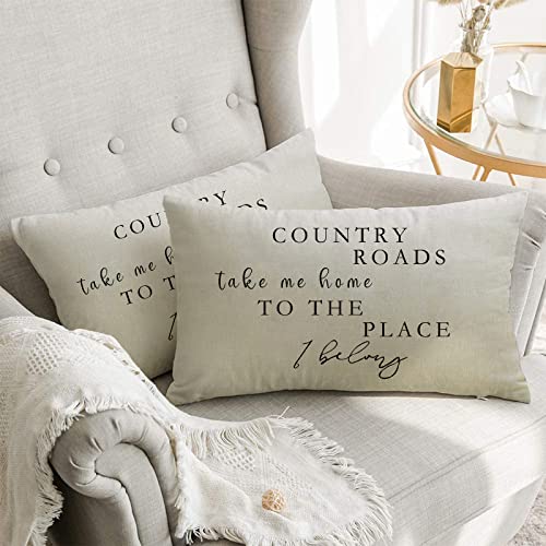 Image of Lumbar Country Roads Take Me Home Christmas Rectangle Decorative Throw Pillow Cover, Rustic Quote Home Farmhouse Decoration, Housewarming Gift Cushion Case for Sofa Decor Cotton Linen 12 x 20