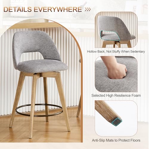 Image of Zesthouse Swivel Counter Height Bar Stools Set of 4, 26 inch Wooden Bar Stools with Back & Weathered Wood Legs, Upholstered Linen Fabric Barstools, Vintage Farmhouse High Chairs for Island Kitchen, Grey