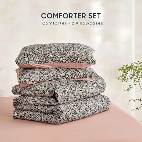 Image of Wake In Cloud - Floral Comforter Set, Cute Vintage Flower Cottagecore Aesthetic for Women Teen Girls, Soft Lightweight Dorm Bedding, 3 Pieces, Black, Queen Size