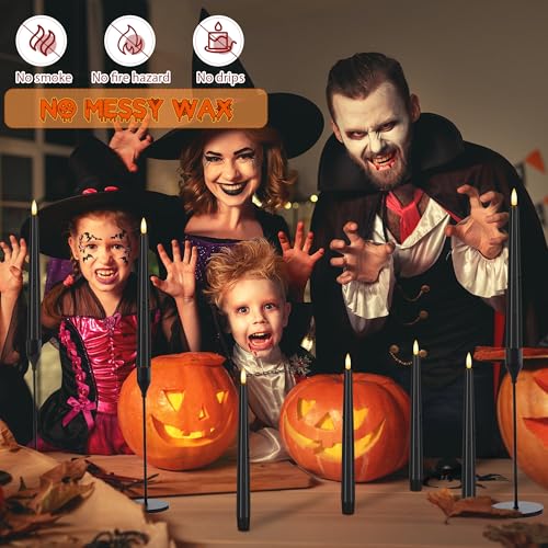 Image of Halloween Flameless Taper Candles with Remote, Black Battery Operated Candles, 9.6 inch Real Wax Flickering Led Candlesticks for Halloween, Home, Wedding, Party, 3 Pack